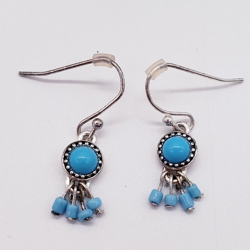 Petite Silver Tone Faux Turquoise Tiny Tassle Drop Dangle Earrings